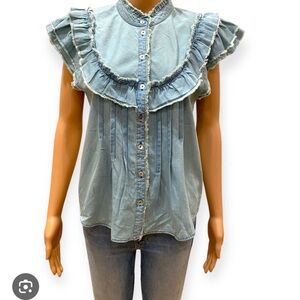 Faherty Blue Ruffled Blouse with Mandarin Collar